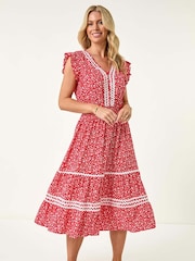 Roman Red Petite Petite Floral Print Ric Rac Midi Dress - Image 2 of 5