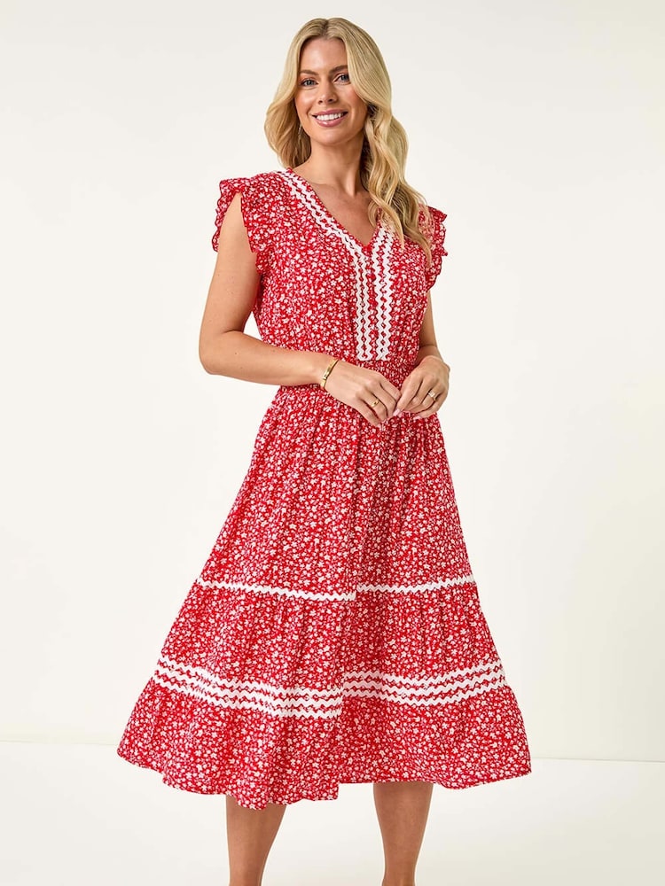 Roman Red Petite Petite Floral Print Ric Rac Midi Dress - Image 2 of 5