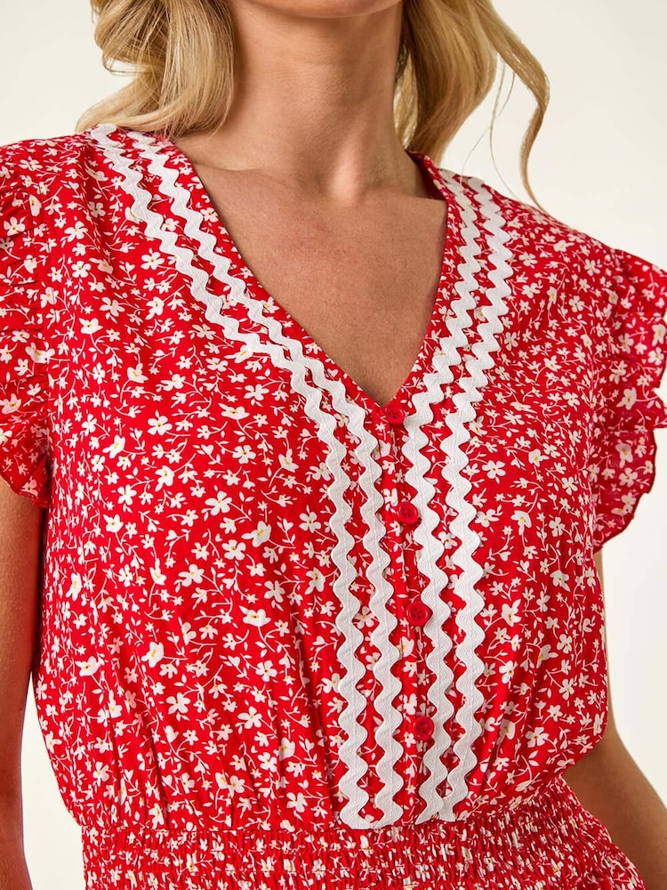 Roman Red Petite Petite Floral Print Ric Rac Midi Dress - Image 5 of 5