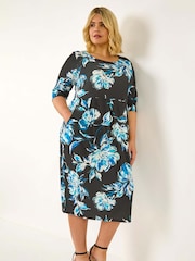 Roman Blue Curve Floral Print Pocket Dress - Image 1 of 5