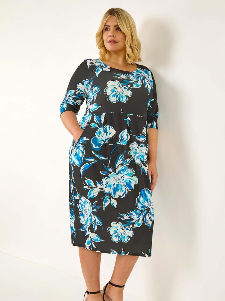 Roman Blue Curve Floral Print Pocket Dress - Image 1 of 5