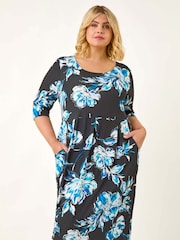 Roman Blue Curve Floral Print Pocket Dress - Image 2 of 5