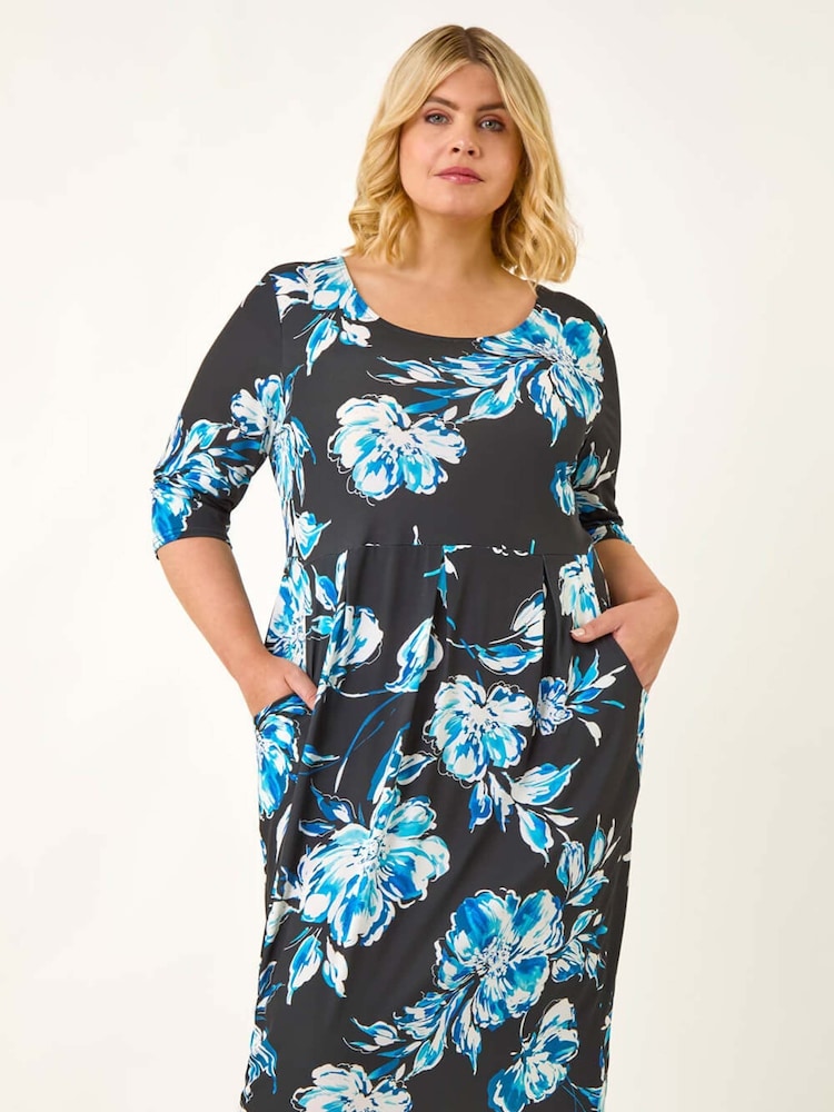 Roman Blue Curve Floral Print Pocket Dress - Image 2 of 5