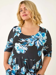 Roman Blue Curve Floral Print Pocket Dress - Image 4 of 5