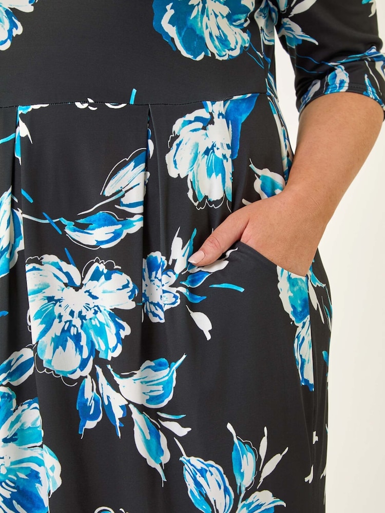 Roman Blue Curve Floral Print Pocket Dress - Image 5 of 5