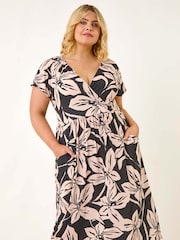 Roman Black Curve Floral Print Stretch Wrap Dress - Image 1 of 5
