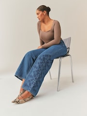 Mid Blue Floral Embroidered Hourglass Wide Leg Jeans - Image 2 of 11