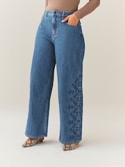 Mid Blue Floral Embroidered Hourglass Wide Leg Jeans - Image 3 of 11