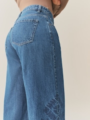 Mid Blue Floral Embroidered Hourglass Wide Leg Jeans - Image 5 of 11