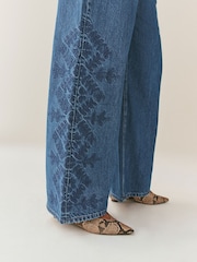 Mid Blue Floral Embroidered Hourglass Wide Leg Jeans - Image 6 of 11