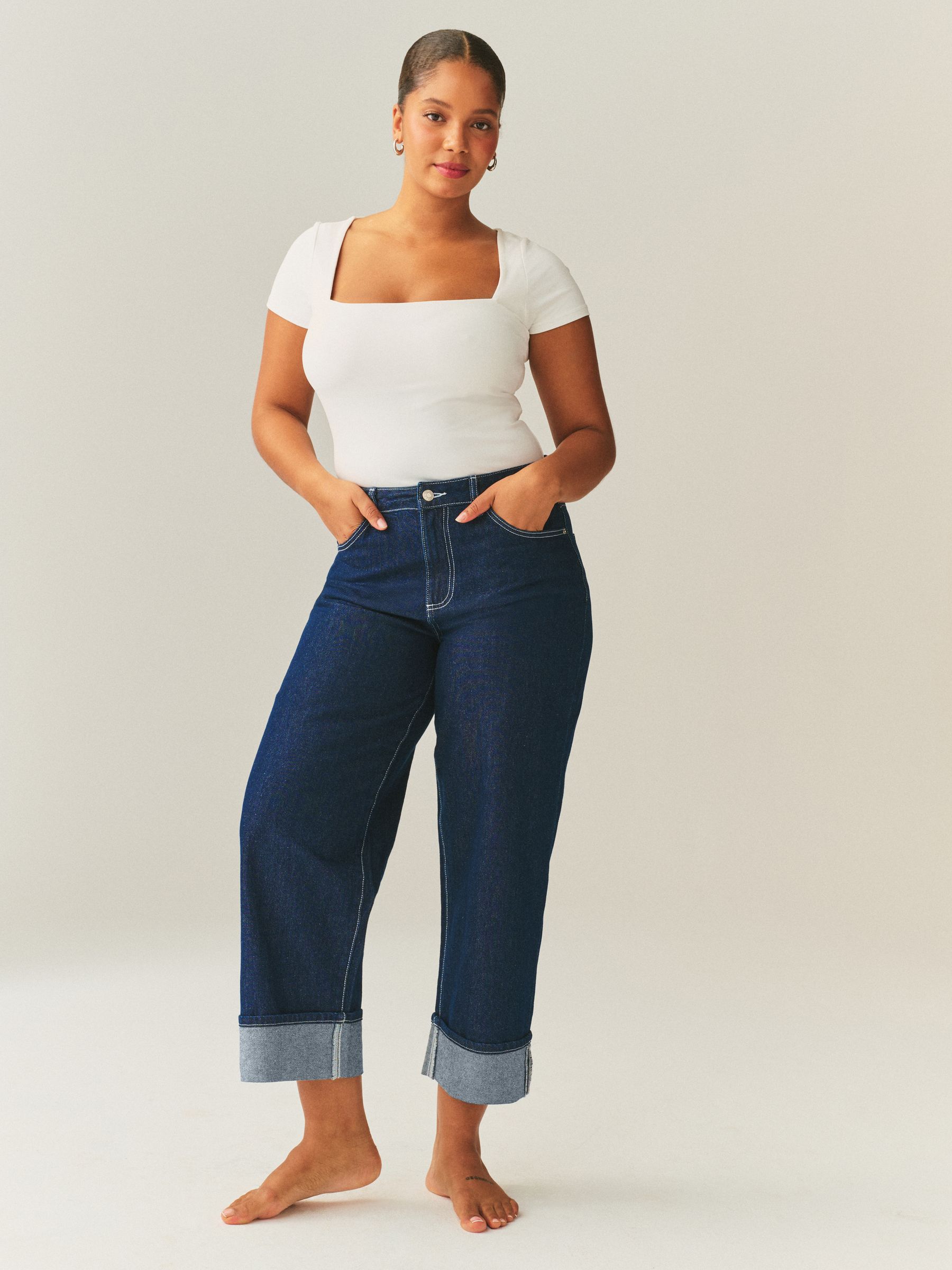Buy Dark Blue Boyfriend Hourglass Wide Leg Mid Rise Turn Up Jeans
