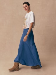 Bleu moyen - Jupe légère asymétrique en Denim à coutures - Image 1 de 7