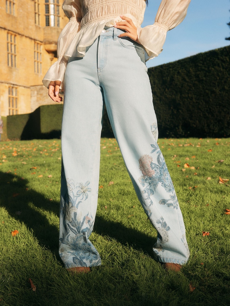Mid Blue Denim National Trust x Next Cross Stitch Embroidery Leg Jeans - Image 2 of 5