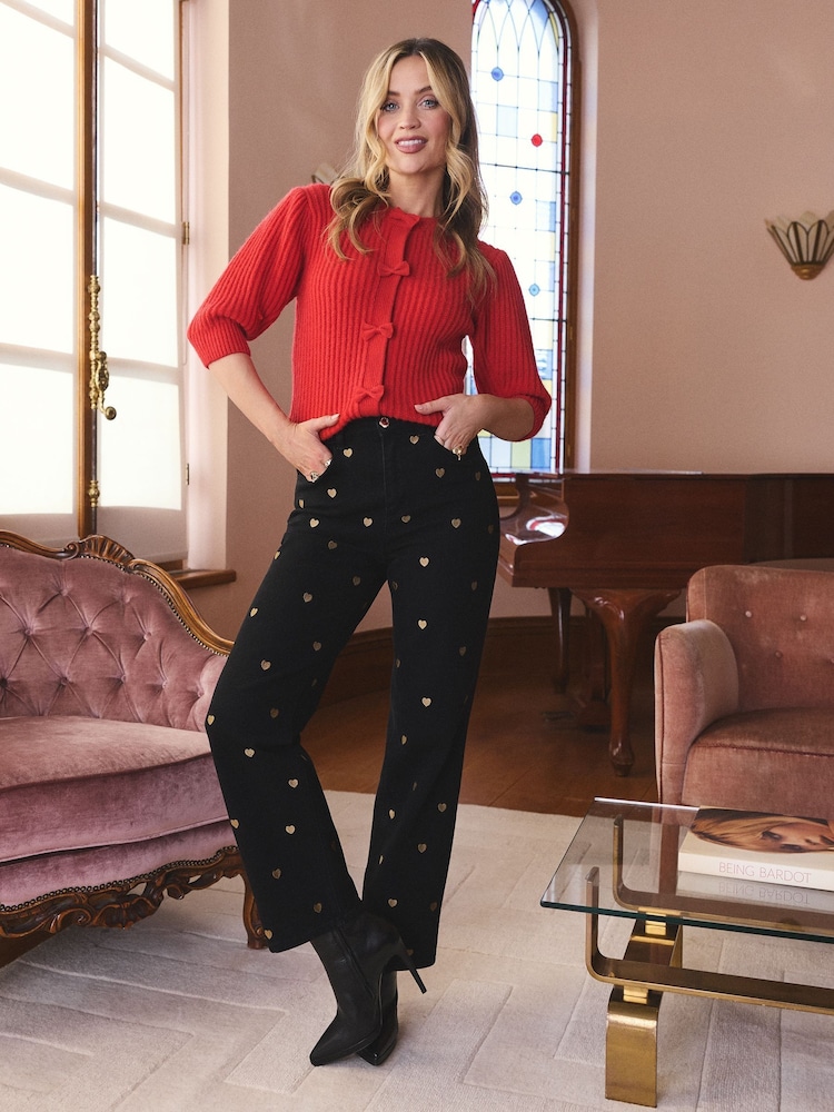 Love & Roses Black & Gold Heart Embroidered Crop Straight Jeans - Image 1 of 5