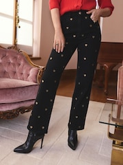 Love & Roses Black & Gold Heart Embroidered Crop Straight Jeans - Image 3 of 5