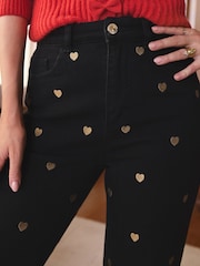 Love & Roses Black & Gold Heart Embroidered Crop Straight Jeans - Image 4 of 5