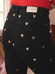 Love & Roses Black & Gold Heart Embroidered Crop Straight Jeans - Image 5 of 5