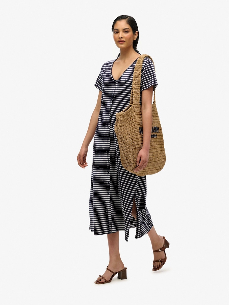 Superdry Blue Short Sleeve Button Through Jersey Midi Dress - Image 1 of 7
