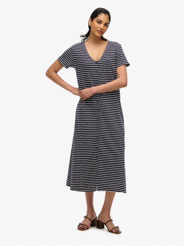 Superdry Blue Short Sleeve Button Through Jersey Midi Dress - Image 2 of 7