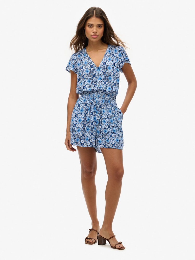 Superdry Blue Short Sleeve Printed Playsuit - Image 1 of 8