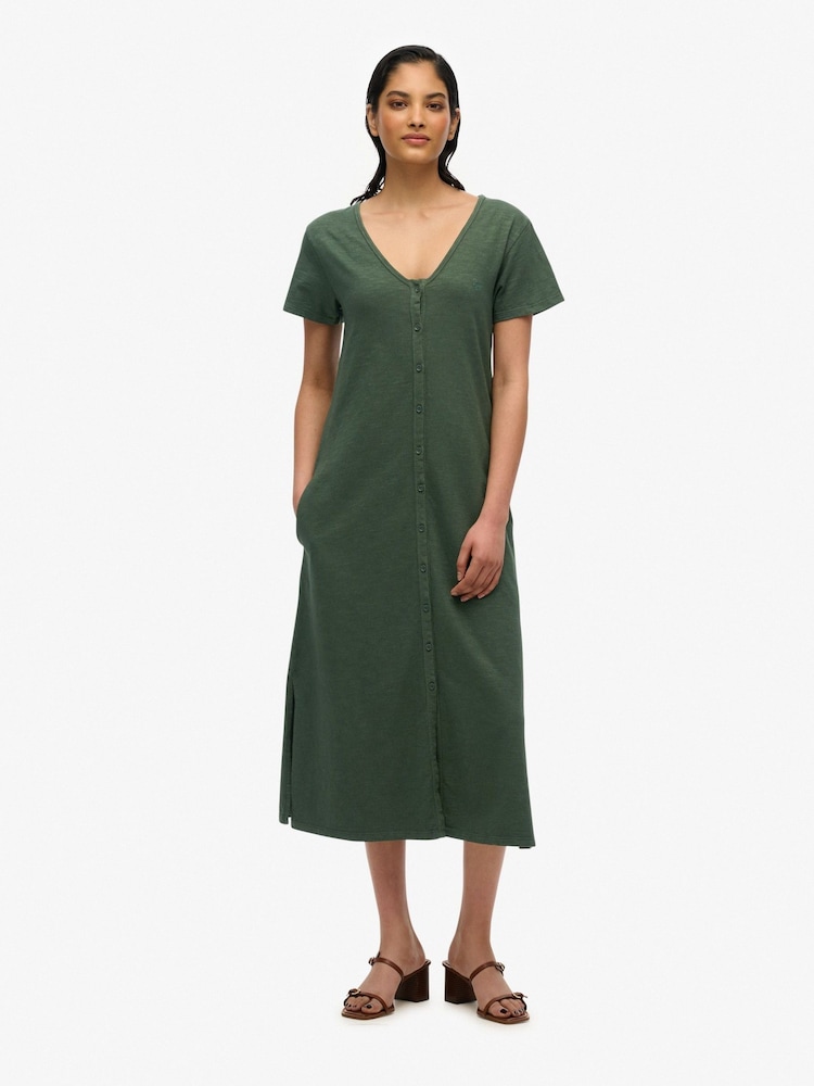 Superdry Green Short Sleeve Button Through Jersey Midi Dress - Image 2 of 7
