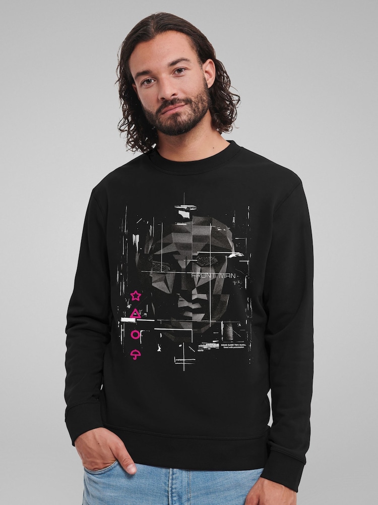 All + Every Black Mens Squid Game Front Man Mask Art Light Print Sweatshirt - Image 1 of 4