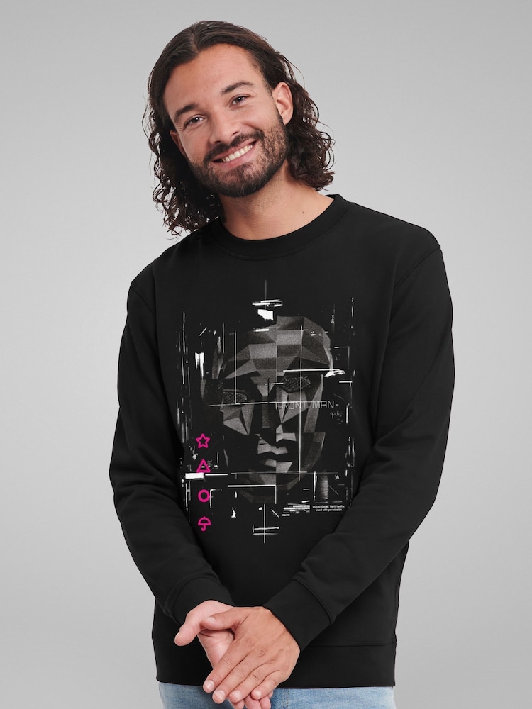 All + Every Black Mens Squid Game Front Man Mask Art Light Print Sweatshirt - Image 2 of 4