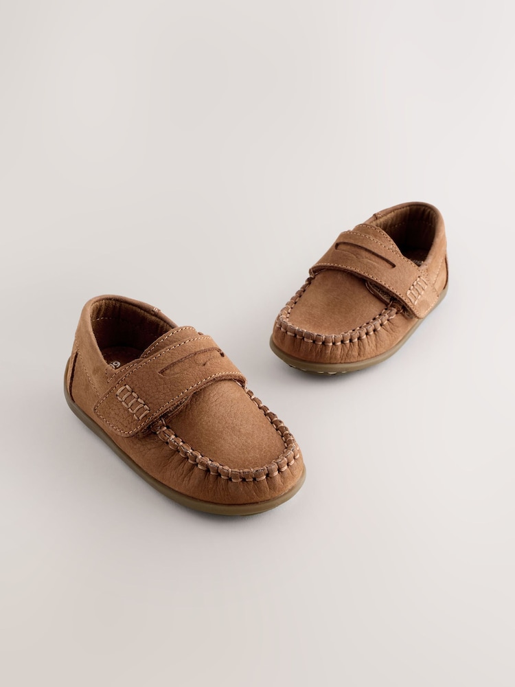 Tan Brown Standard Fit (F) Leather Penny Loafers with Touch and Close Fastening - Image 1 of 6 Tan Brown Standard Fit (F) Leather Penny Loafers with Touch and Close Fastening - Image 1 of 6
