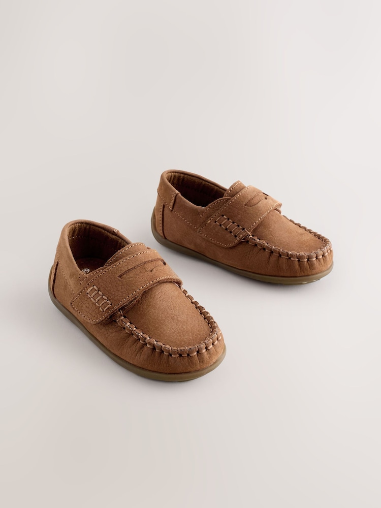 Tan Brown Standard Fit (F) Leather Penny Loafers with Touch and Close Fastening - Image 2 of 6 Tan Brown Standard Fit (F) Leather Penny Loafers with Touch and Close Fastening - Image 2 of 6