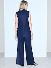 Navy Blue Linen Rich Tie Waist Wide Leg Trousers - Image 4 of 5