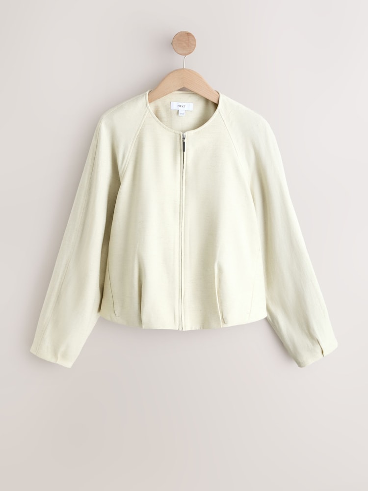 Neutral Lightweight Collarless Bomber Jacket with Linen - Image 1 of 3