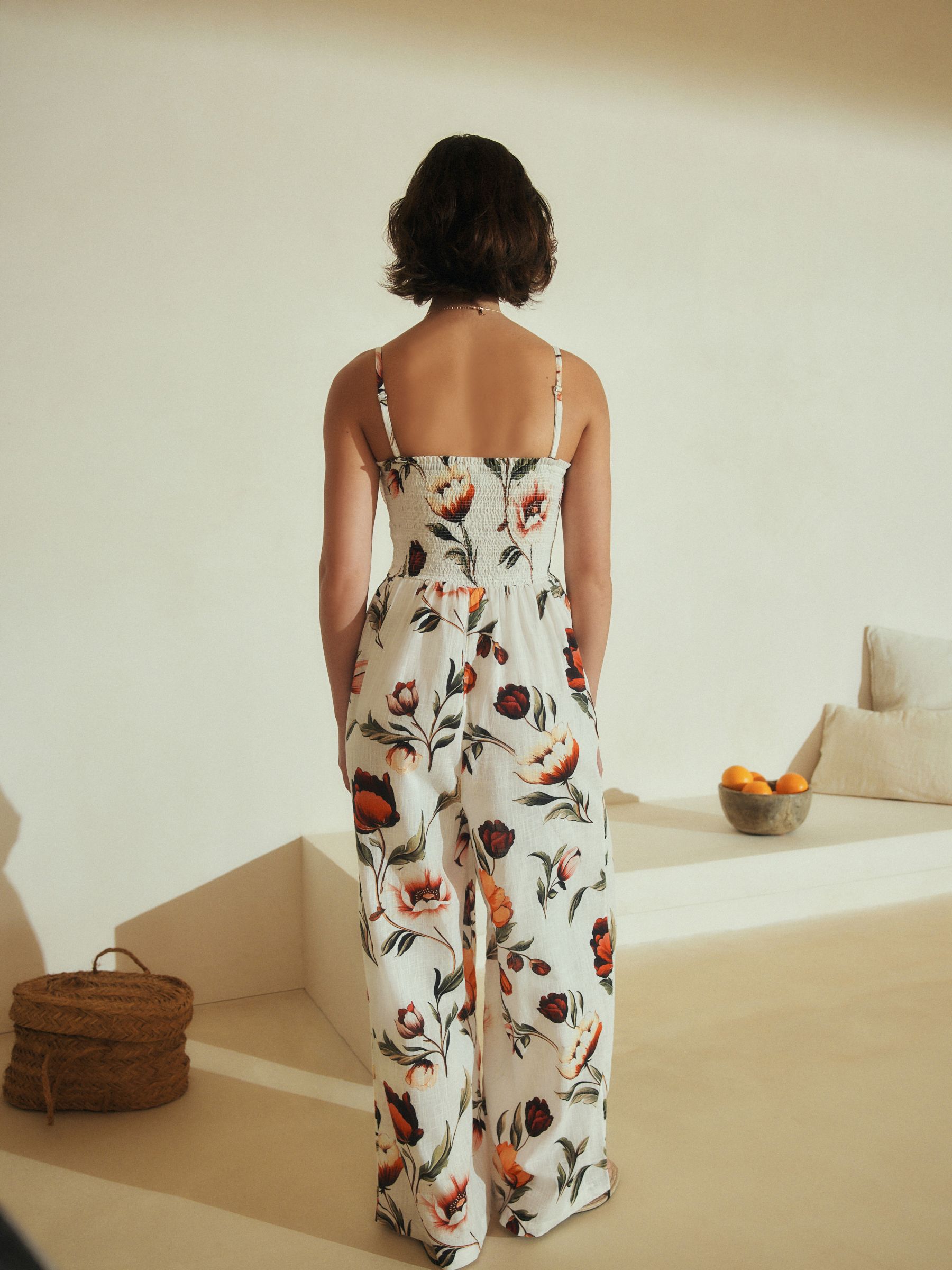 Buy Cream/Red Floral Linen Blend Bandeau Jumpsuit With Detachable