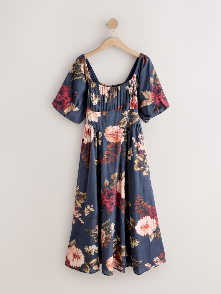 Navy/Pink Puff Sleeve Midi Dress - Image 1 of 3 Navy/Pink Puff Sleeve Midi Dress - Image 1 of 3