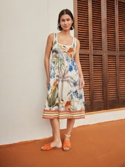 Crema/azul marino - Vestido de verano a media pierna de punto - Imagen 1 de 5