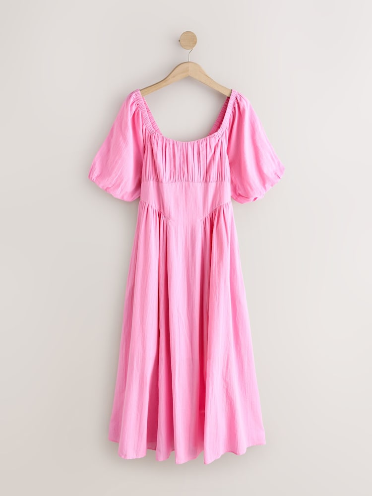 Pink Puff Sleeve Midi Dress - Image 1 of 3 Pink Puff Sleeve Midi Dress - Image 1 of 3