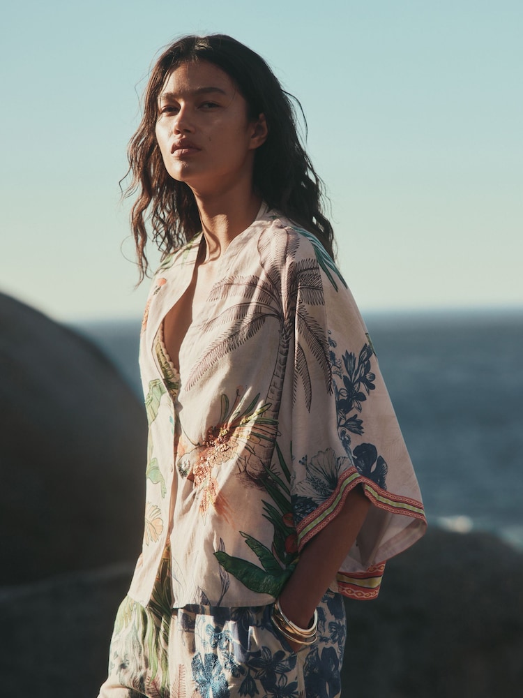 Cream/Navy Embroidered Button Through Top - Image 1 of 5