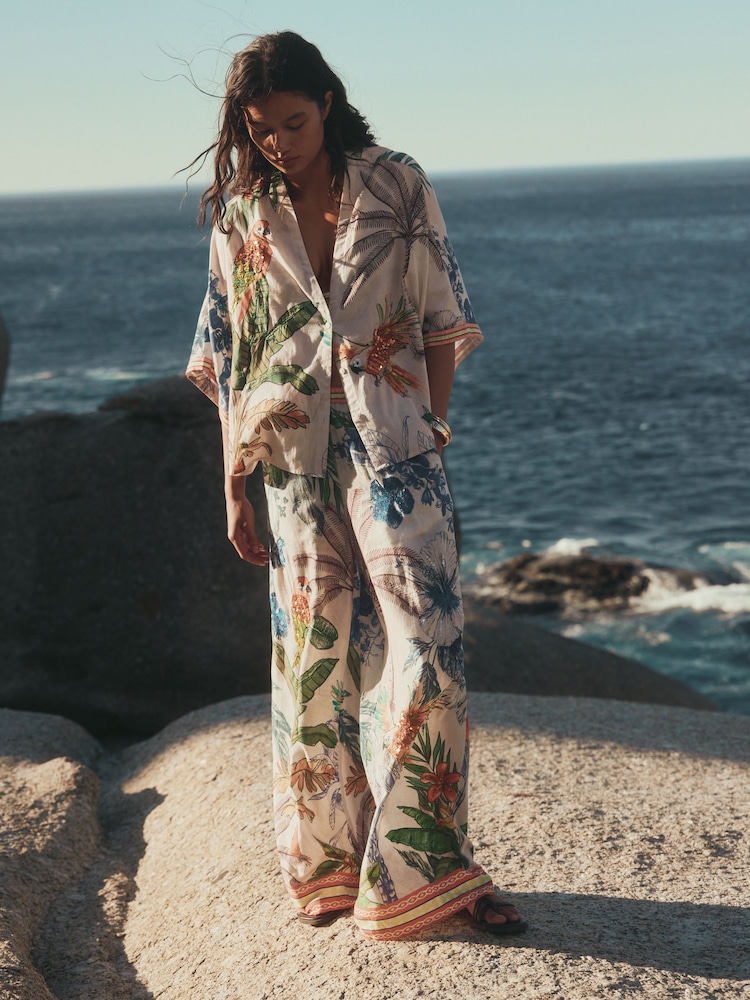 Cream/Navy Embroidered Button Through Top - Image 2 of 5