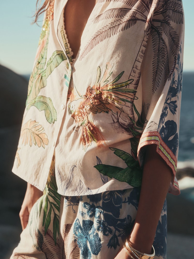 Cream/Navy Embroidered Button Through Top - Image 5 of 5