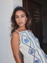 White Embroidered Mini Shift Dress With Linen - Image 4 of 8