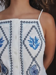 White Embroidered Mini Shift Dress With Linen - Image 5 of 8