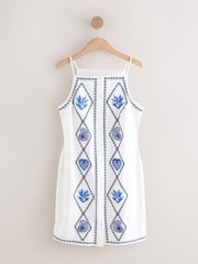 White Embroidered Mini Shift Dress With Linen - Image 6 of 8