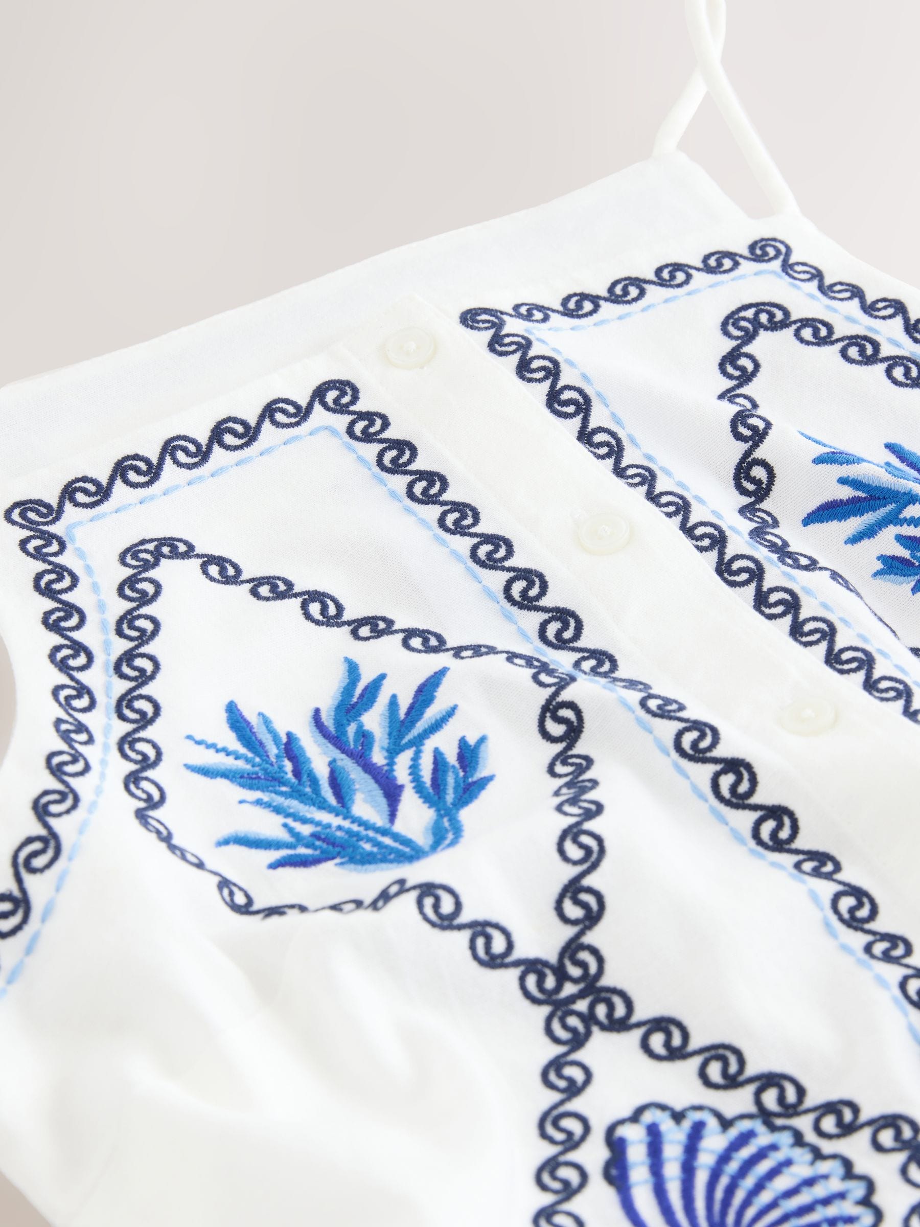 Womens Next White/Blue Embroidered Mini Shift Dress With Linen US 18