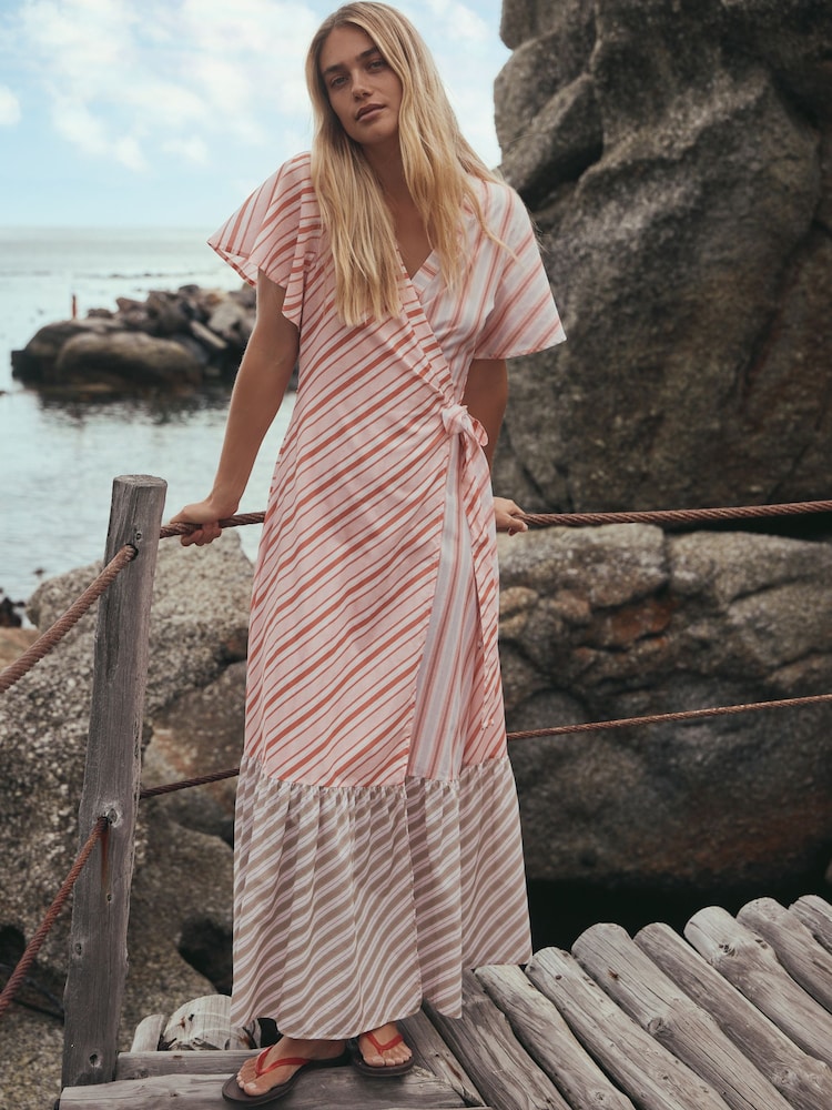 Apricot Stripe Flutter Sleeve Wrap Maxi Dress - Image 1 of 7 Apricot Stripe Flutter Sleeve Wrap Maxi Dress - Image 1 of 7