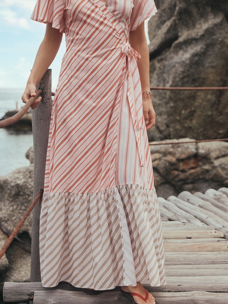 Apricot Stripe Flutter Sleeve Wrap Maxi Dress - Image 7 of 7 Apricot Stripe Flutter Sleeve Wrap Maxi Dress - Image 7 of 7