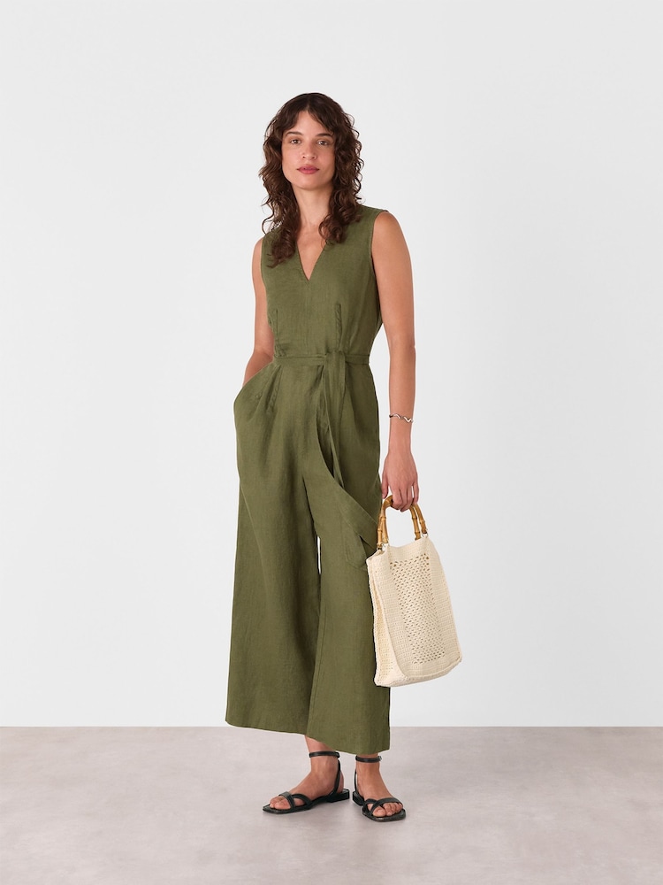 Whistles Green Petite Belted Seamed 100% Cotton Jumpsuit - Image 1 of 5