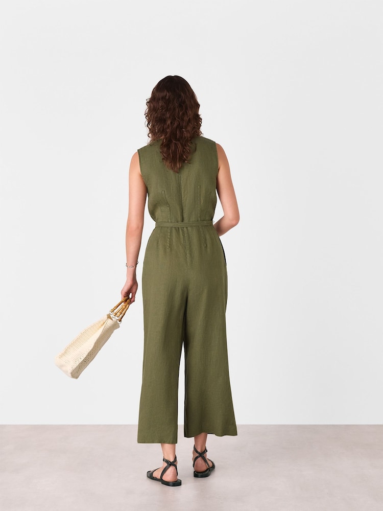 Whistles Green Petite Belted Seamed 100% Cotton Jumpsuit - Image 2 of 5