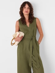 Whistles Green Petite Belted Seamed 100% Cotton Jumpsuit - Image 3 of 5
