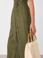 Whistles Green Petite Belted Seamed 100% Cotton Jumpsuit - Image 4 of 5