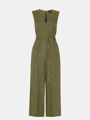 Whistles Green Petite Belted Seamed 100% Cotton Jumpsuit - Image 5 of 5