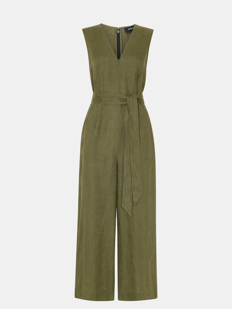 Whistles Green Petite Belted Seamed 100% Cotton Jumpsuit - Image 5 of 5
